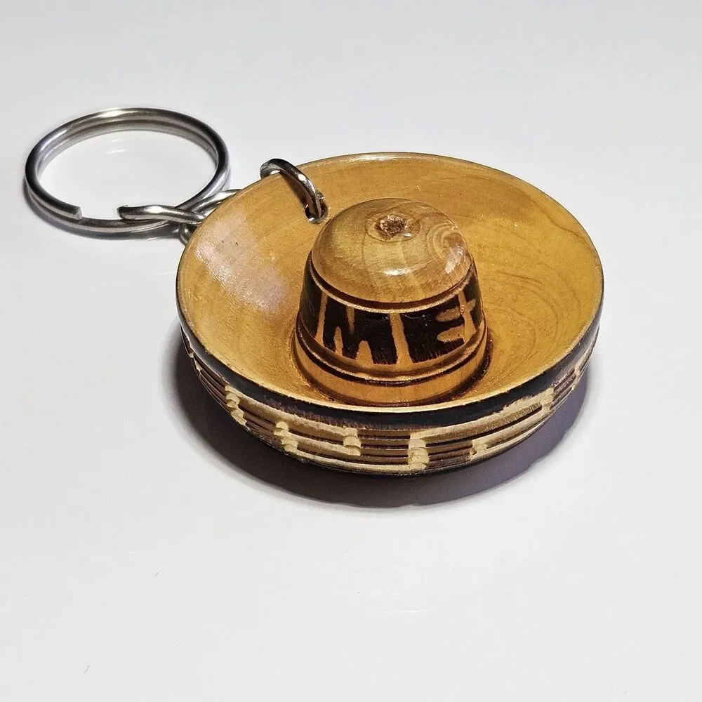 Vintage Wooden Hand Carved Mexican Sombrero Keychain